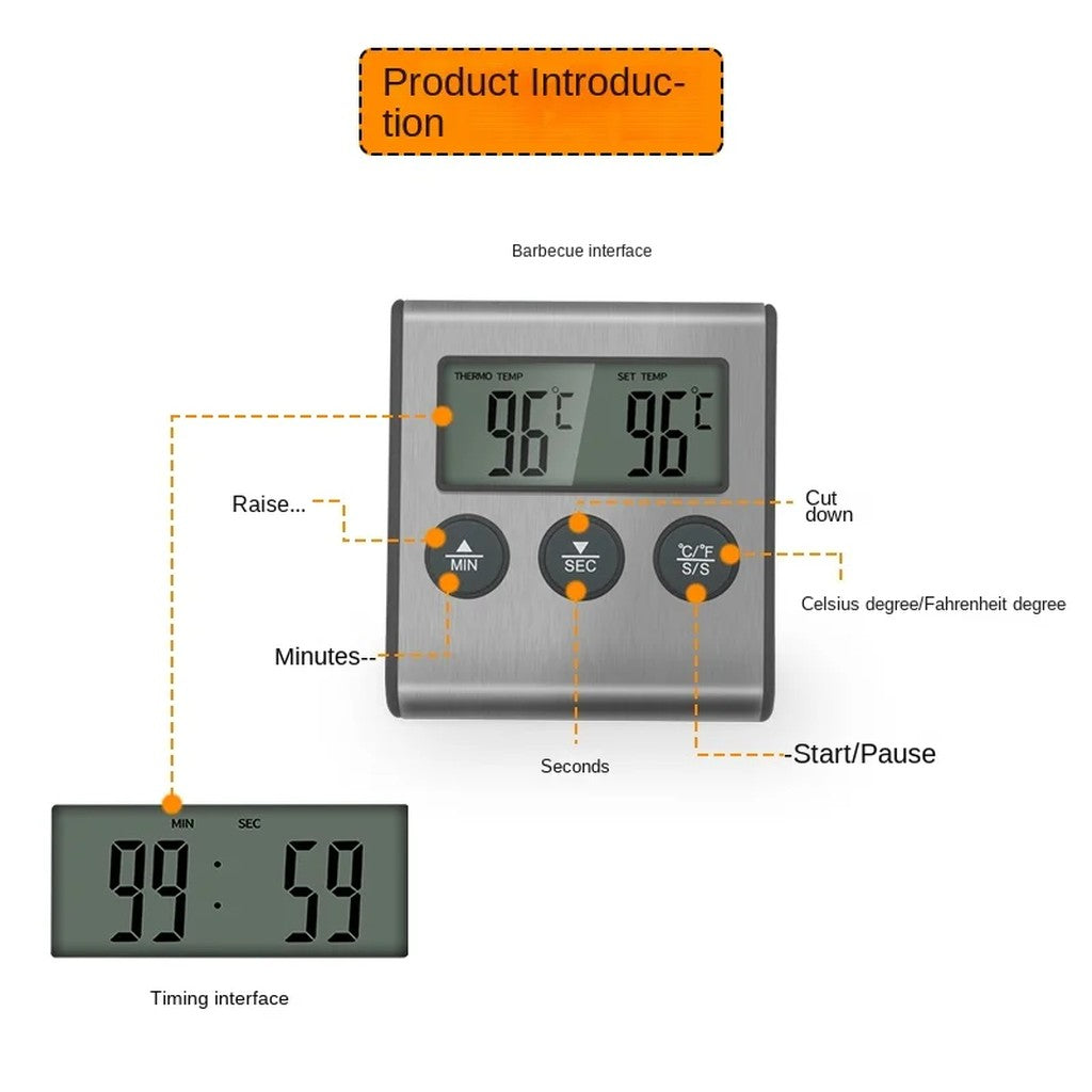 Digital Meat Thermometer with Probe & Kitchen Timer, 3.3 ft Steel Cable, -58 to 572°F, Magnetic Back #d02