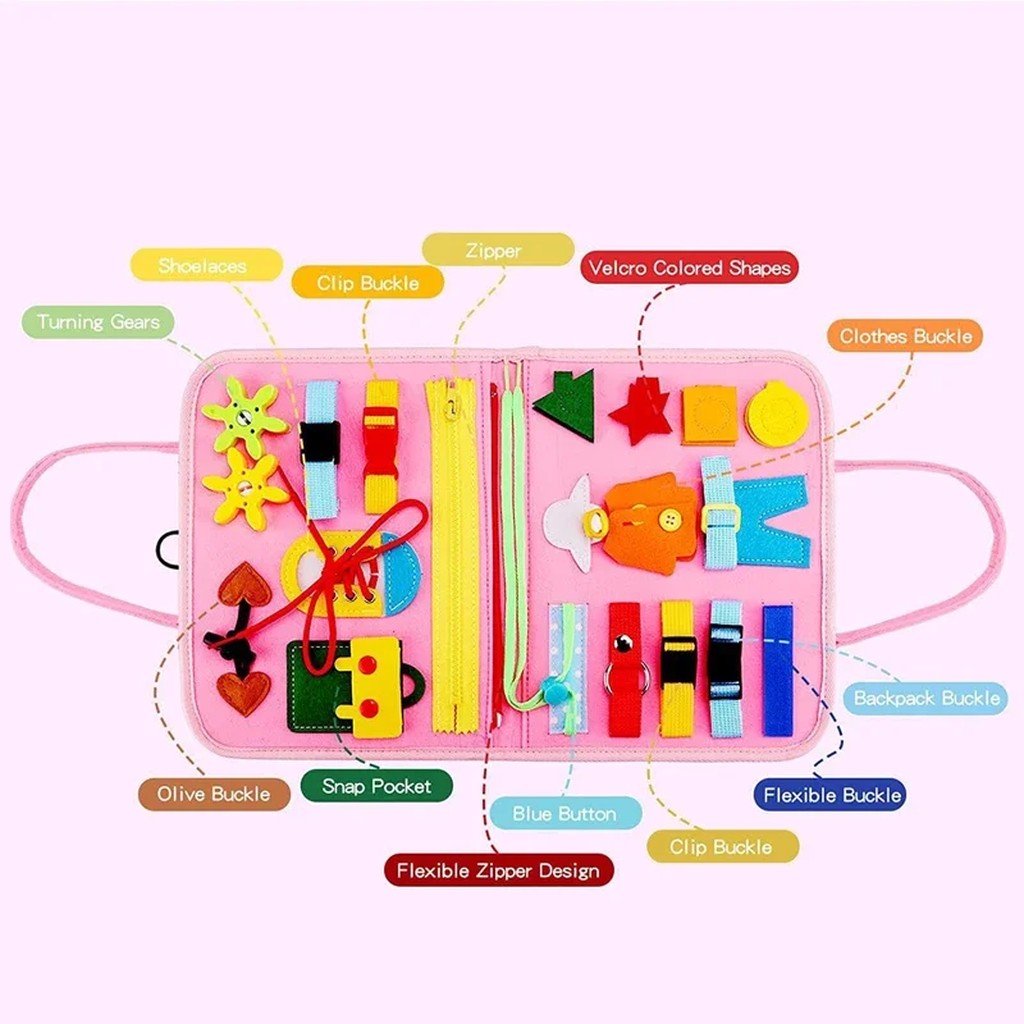 Busy Board for Toddlers - Felt Travel Busy Board with Handles, Zippers, Buckles, Laces, Clock & Puzz #d03