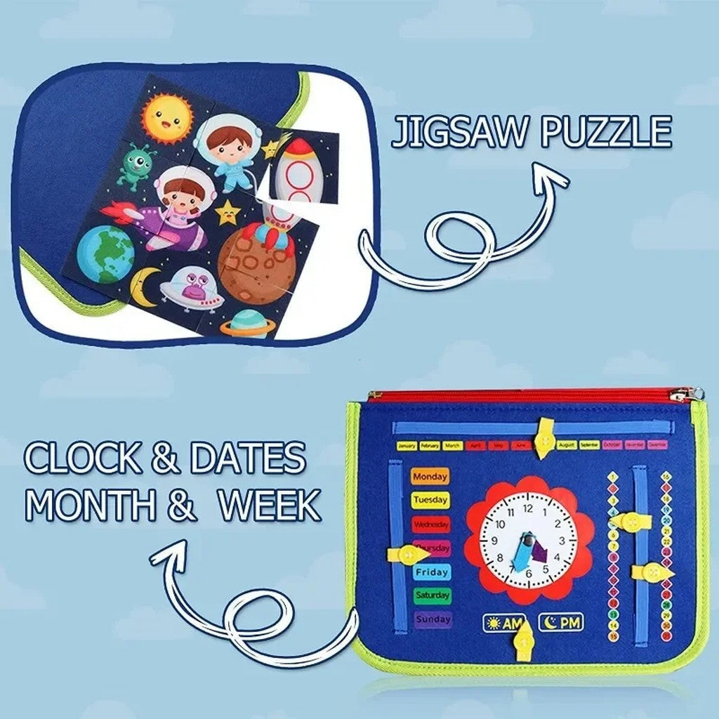 Busy Board for Toddlers - Felt Travel Busy Board with Handles, Zippers, Buckles, Laces, Clock & Puzz #d06