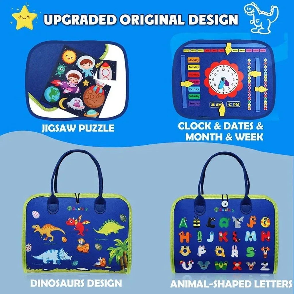 Busy Board for Toddlers - Felt Travel Busy Board with Handles, Zippers, Buckles, Laces, Clock & Puzz #d07