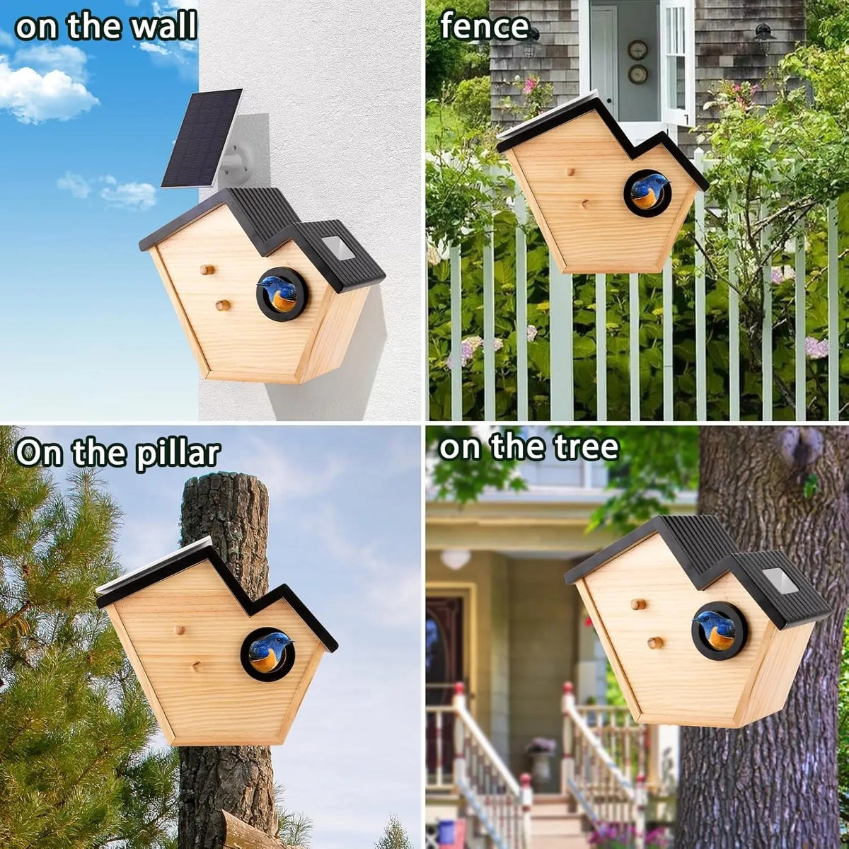 Birdhouse Camera, Solar Powered Wooden Bird House with 2K Live Feed Camera, AI Bird Identification,  #d09