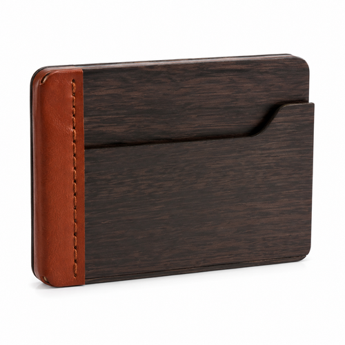 Front view of shopaverly wooden card holder with leather accent.