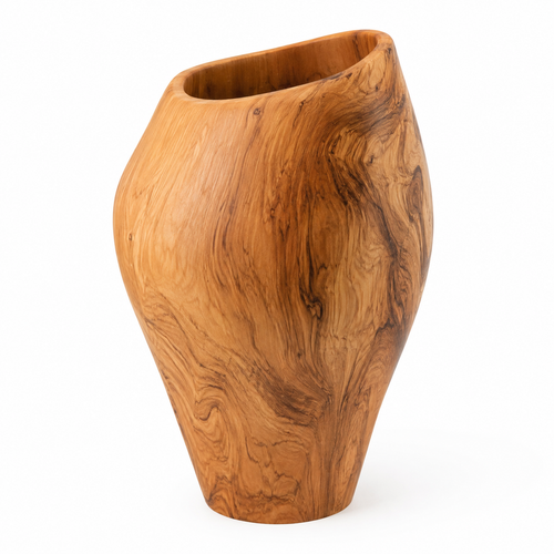 Front view of handcrafted olive wood vase