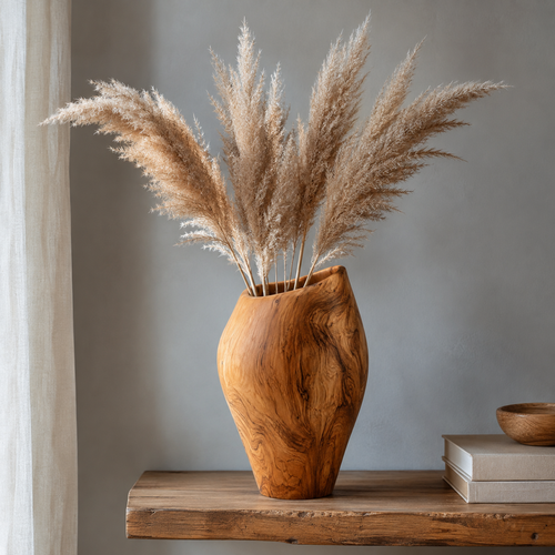 Side view of olive wood decorative vase