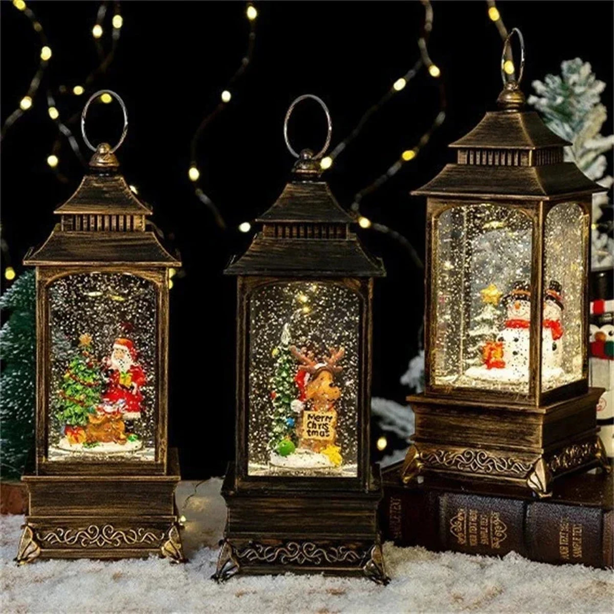 Christmas Lantern Snow Globe - Lighted Snow Globe Lantern with Swirling Glitter, USB or Battery Oper #g01