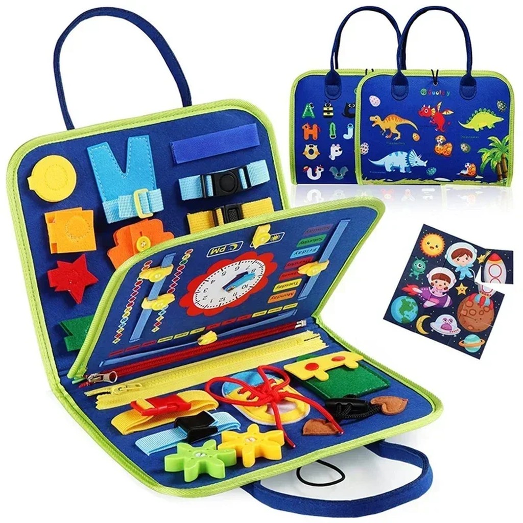 Busy Board for Toddlers - Felt Travel Busy Board with Handles, Zippers, Buckles, Laces, Clock & Puzz #g01