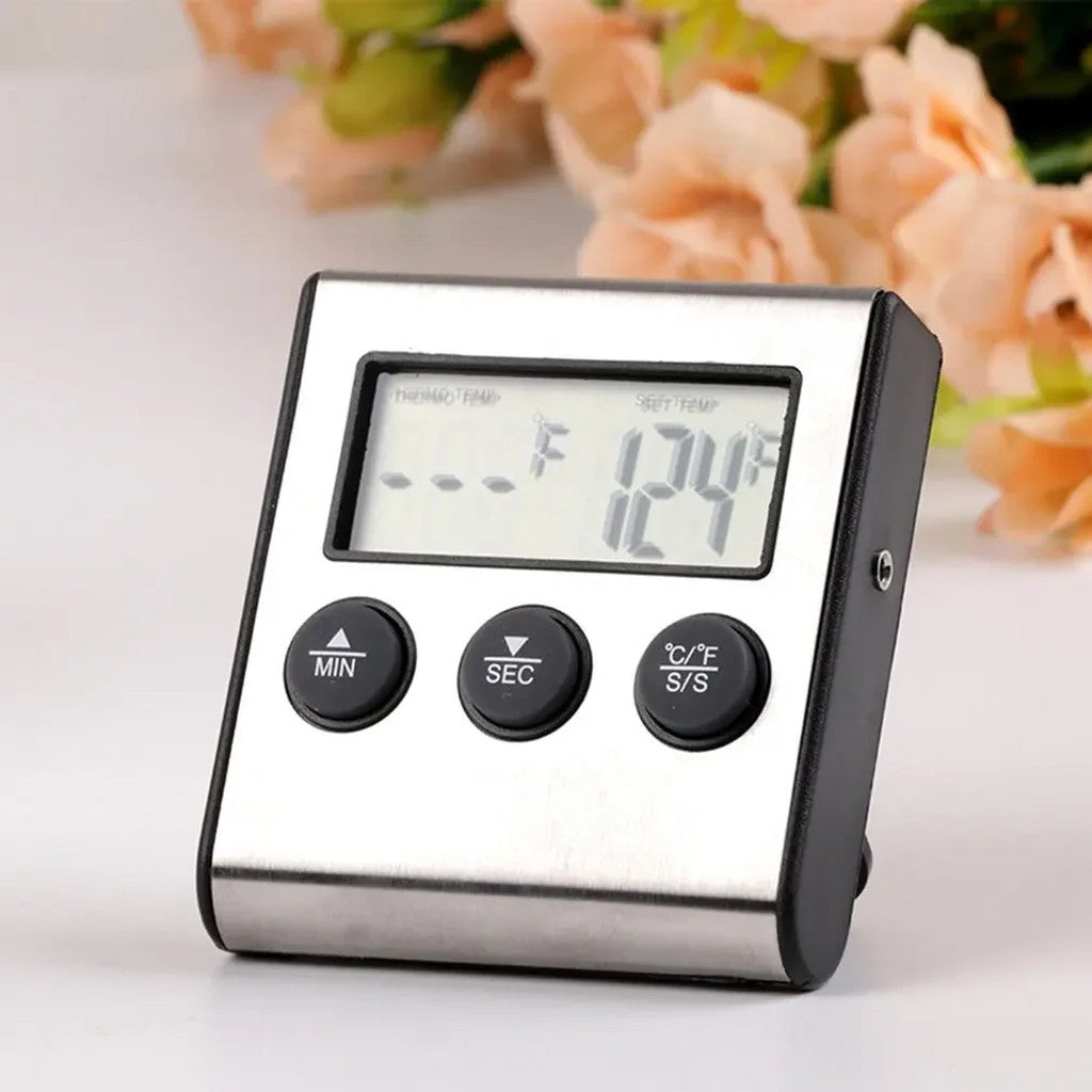 Digital Meat Thermometer with Probe & Kitchen Timer, 3.3 ft Steel Cable, -58 to 572°F, Magnetic Back #g02