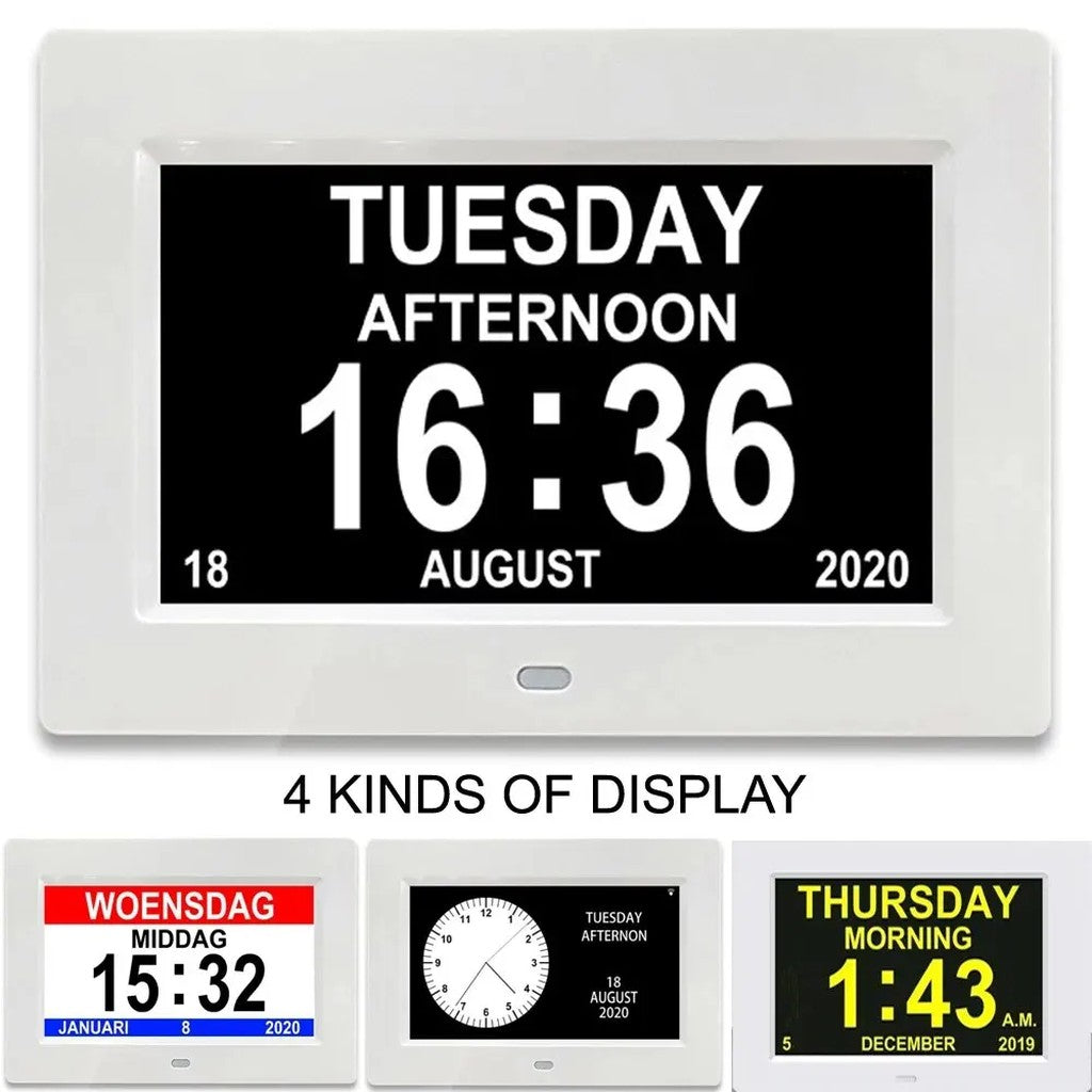 Calendar Clock 7 Inch Digital Day Clock with Day and Date, 12 Alarms, Multi-Language Display, Auto D #g02
