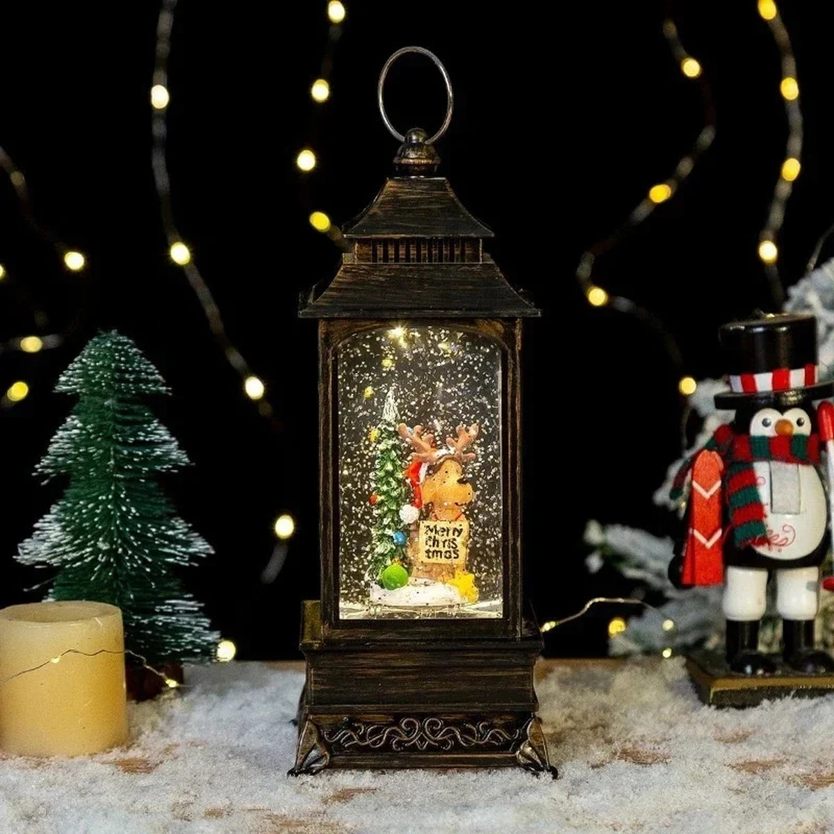 Christmas Lantern Snow Globe - Lighted Snow Globe Lantern with Swirling Glitter, USB or Battery Oper #g03