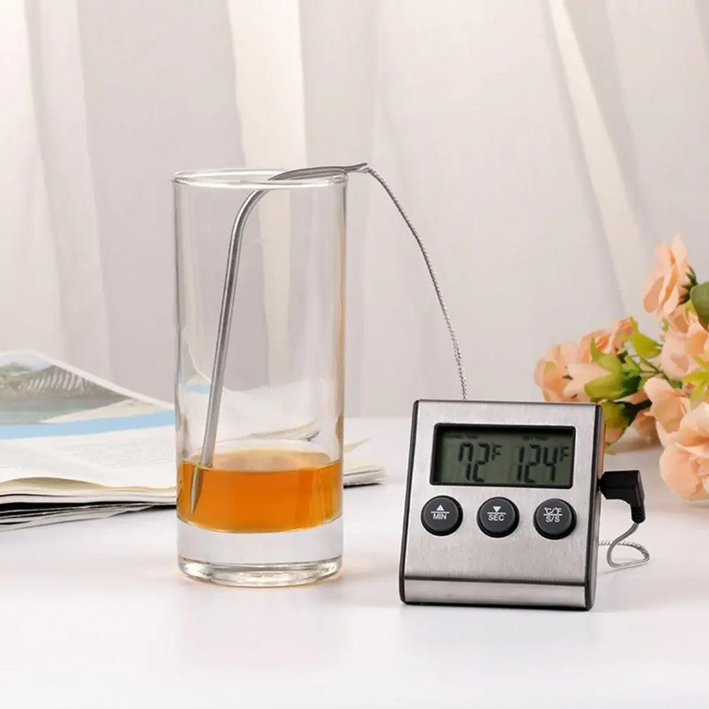 Digital Meat Thermometer with Probe & Kitchen Timer, 3.3 ft Steel Cable, -58 to 572°F, Magnetic Back #g03