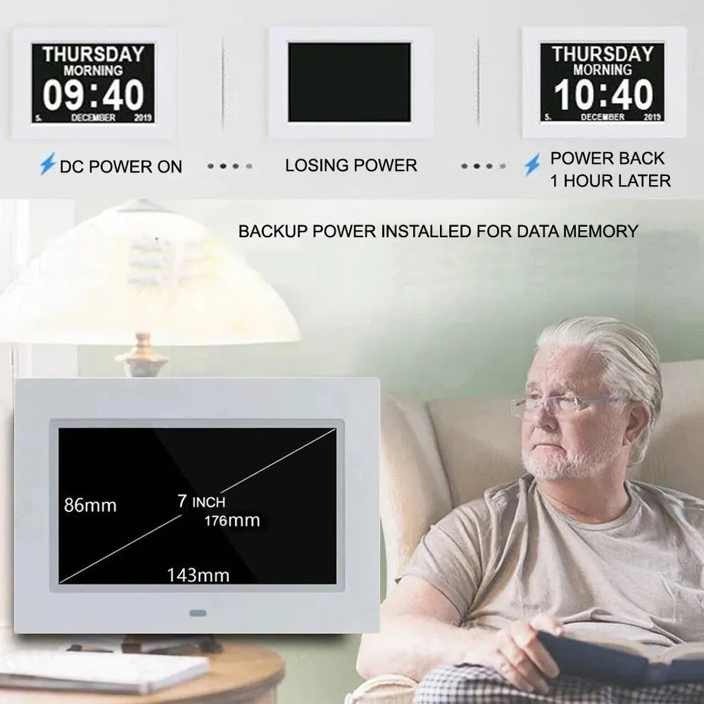 Calendar Clock 7 Inch Digital Day Clock with Day and Date, 12 Alarms, Multi-Language Display, Auto D #g05