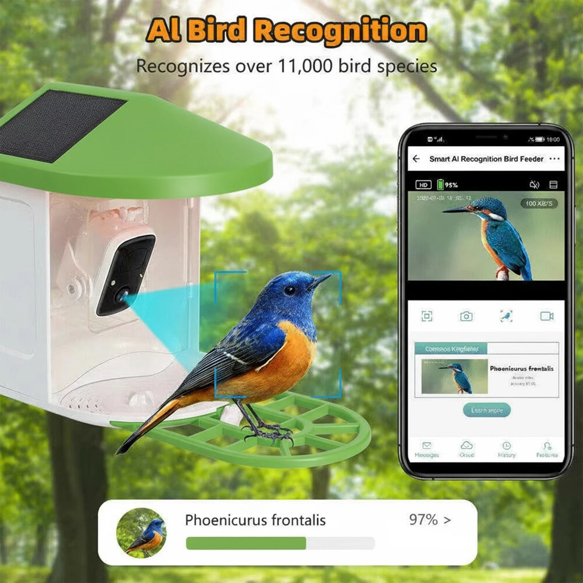 Smart Bird Feeder with Camera, Solar Powered WiFi Bird Feeder Cam with AI Bird Recognition, 1080P Ni #g06