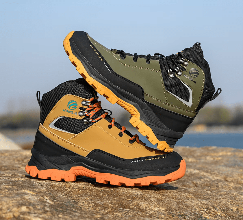 HONG-G work boots in fall and winter conditions demonstrating all-weather protection and comfort