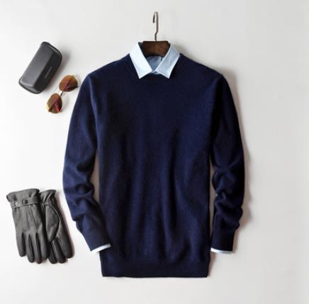 Full-length view of men's premium cashmere sweater showing drape and fit