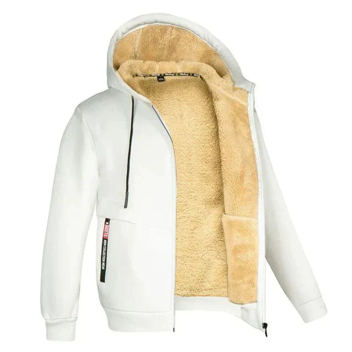 TOMMY fleece zip-up hooded sweatshirt showing zippered pocket detail.