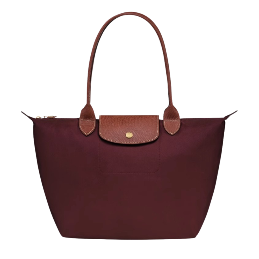 Longchanp Le Pliage bag leather trim and hardware detail.