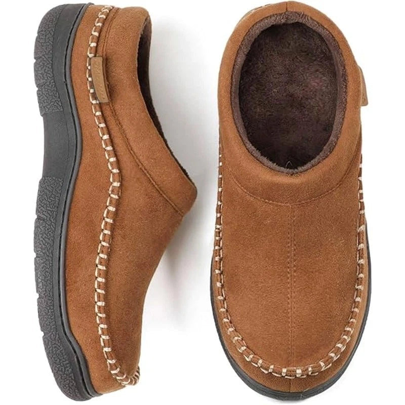 Overhead view of men's orthopedic moccasin slippers showing closed-toe design.
