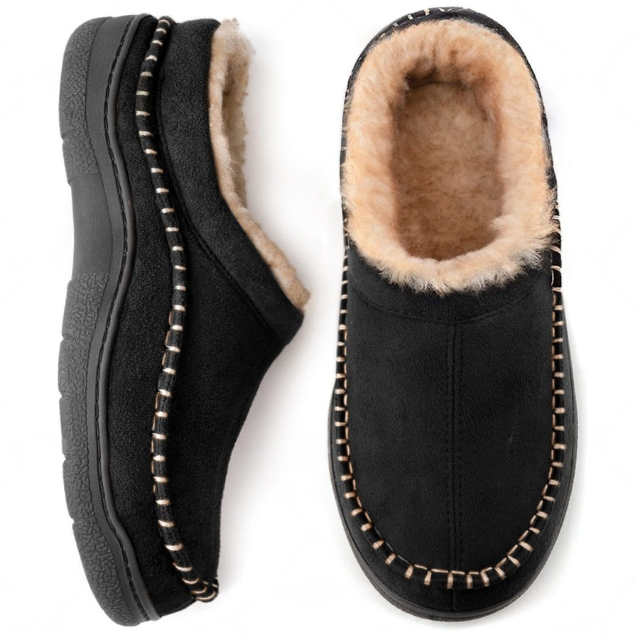 Detail of plush fleece lining inside men's orthopedic house slippers.