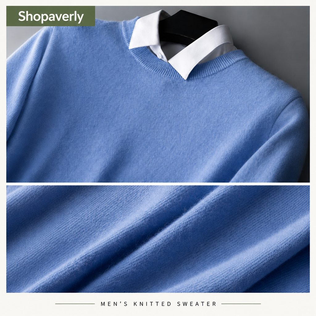 Men's cashmere sweater showing quality stitching and finish details
