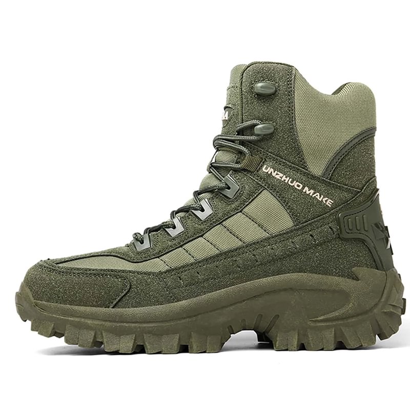 Military boots in green color option blending with outdoor environments
