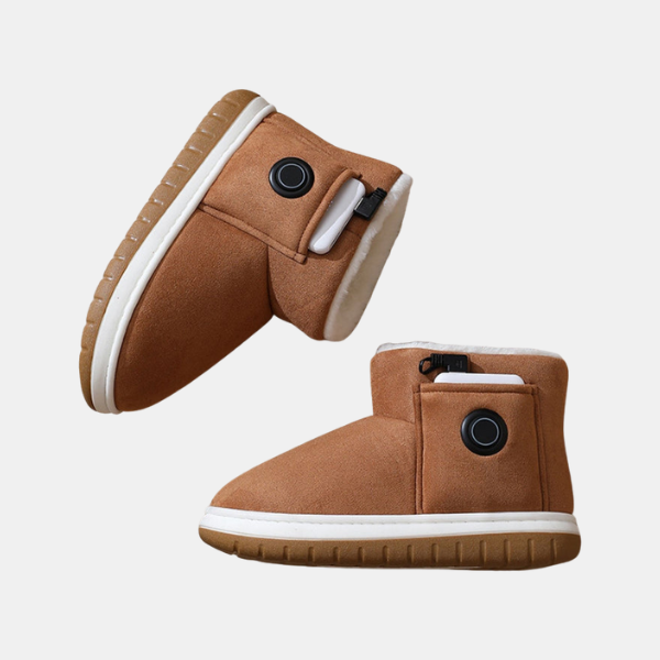 USB heated slippers in brown color showing temperature control button and soft plush interior