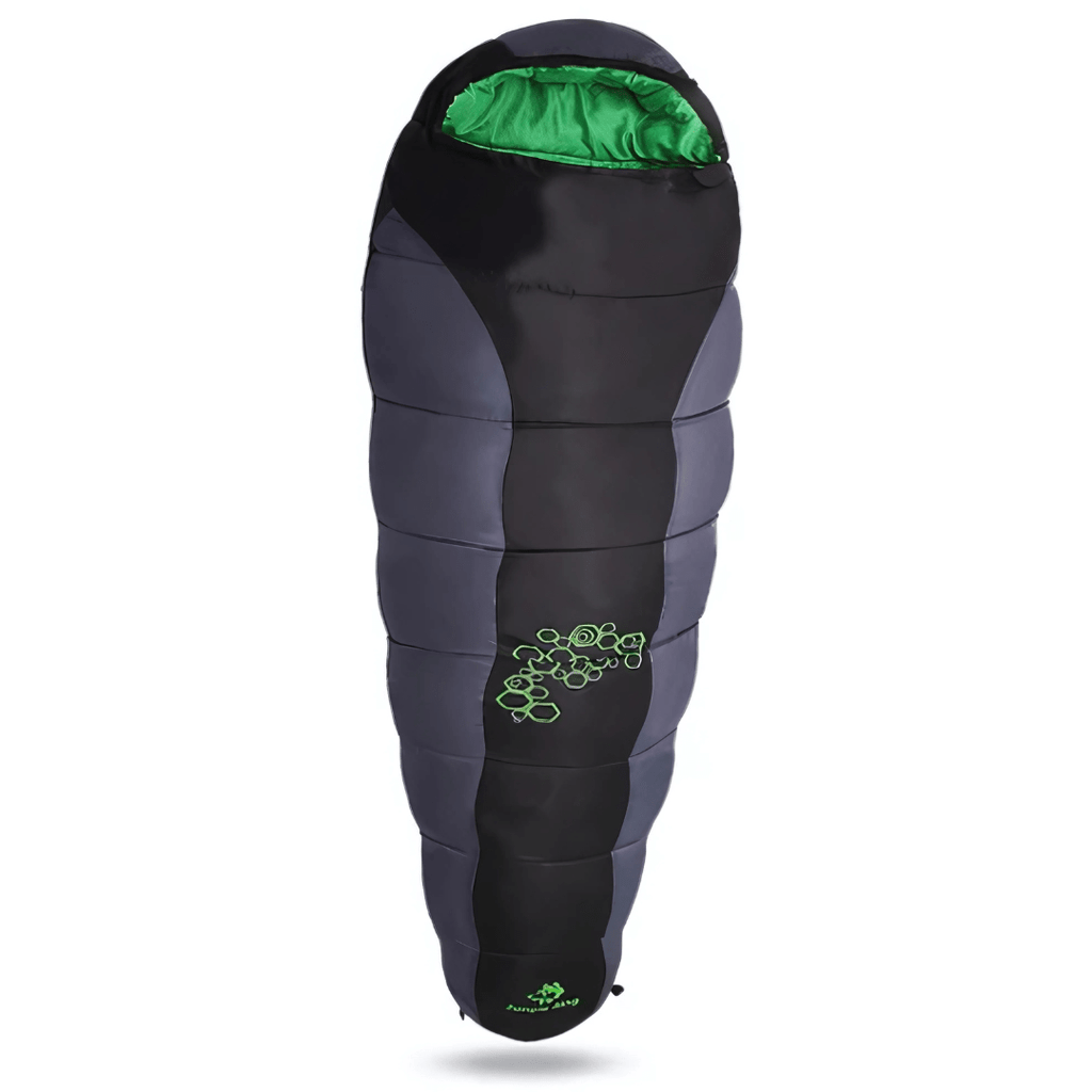 Extreme cold sleeping bag -15°C in mummy shape with integrated hood, shown in black and red color options