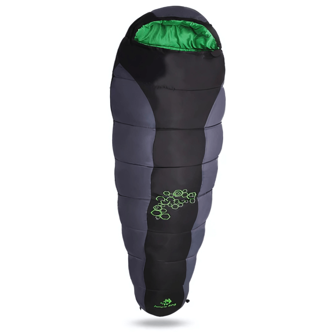 Extreme cold sleeping bag -15°C in mummy shape with integrated hood, shown in black and red color options