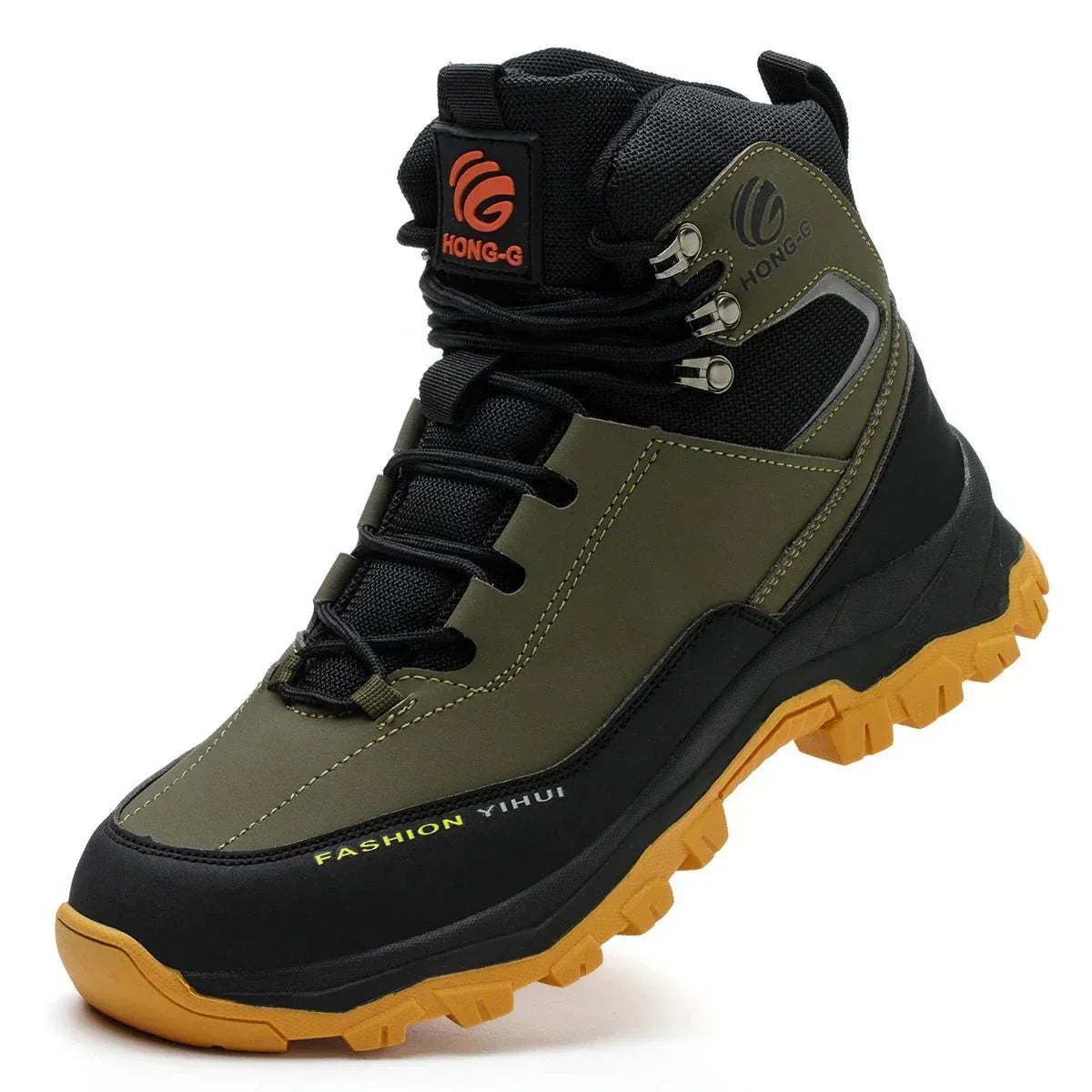 HONG-G waterproof work boots in green and yellow colorways showing high-cut design and protective toe cap