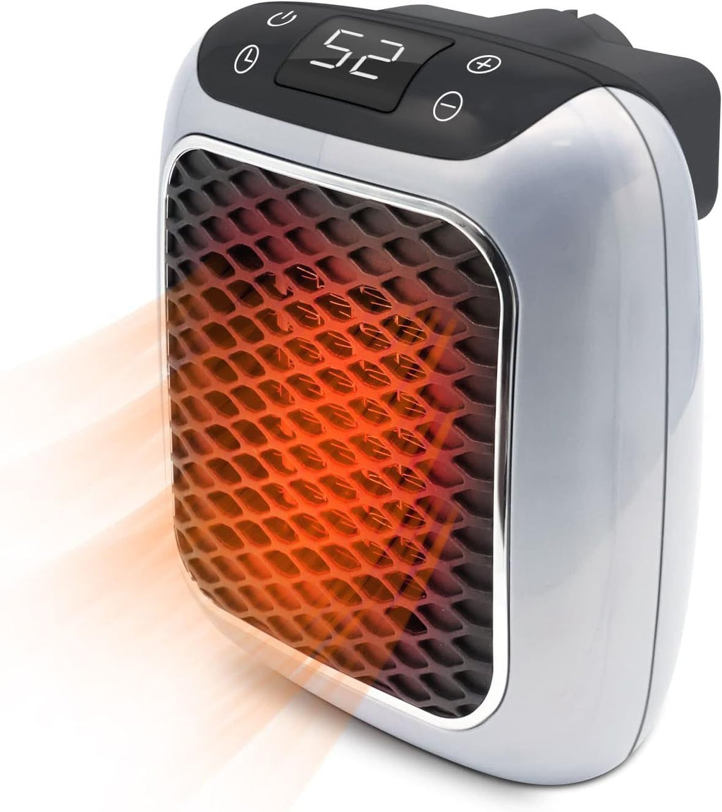 Shopaverly portable electric heater plugged into wall outlet with LED display showing temperature