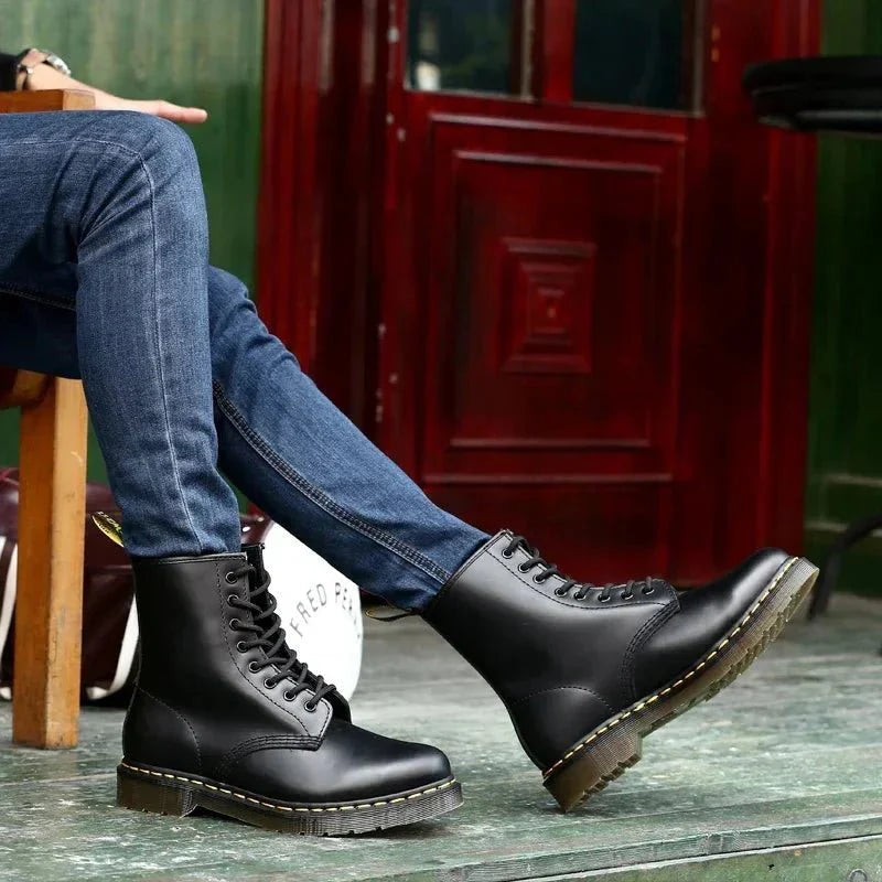 Close-up detail of Martin boots showing impeccable artisanal craftsmanship and sophisticated finishing.