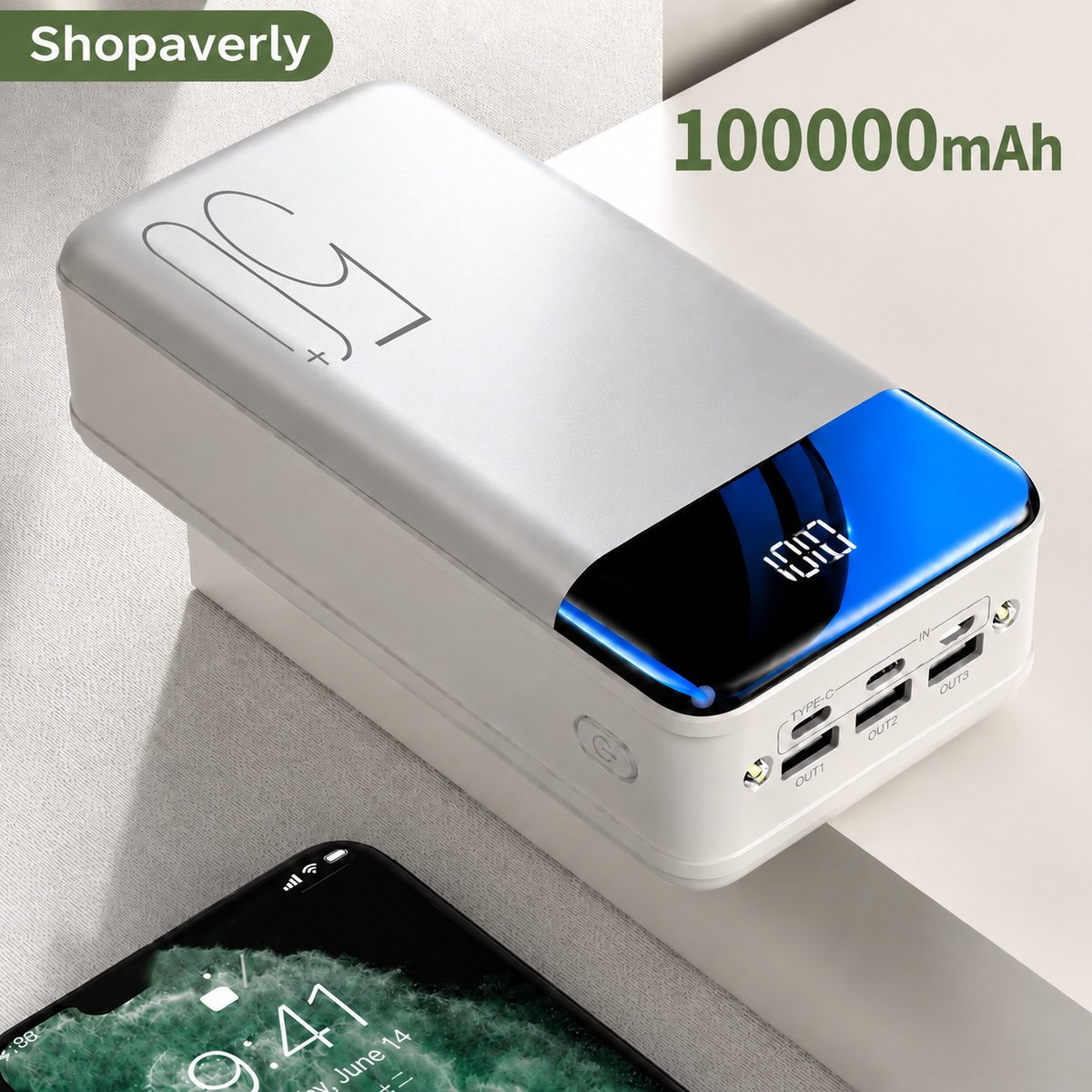 Detailed view of TitanCharge power bank displaying multiple USB-A, USB-C and DC charging ports