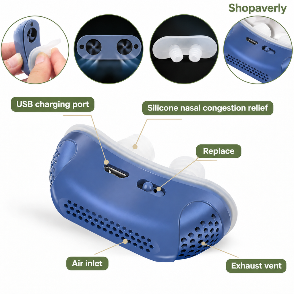 Micro CPAP sleep apnea device showing USB charging port and medical-grade silicone construction