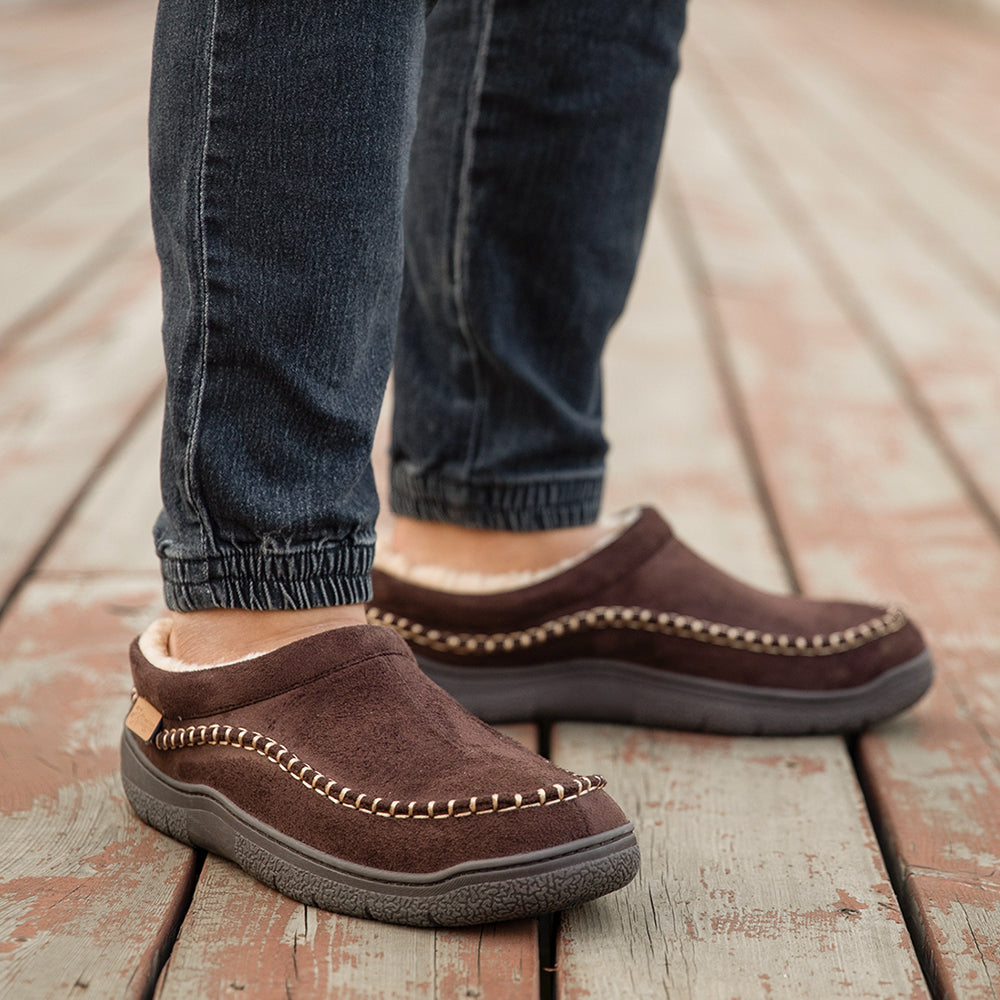 Men's orthopedic slippers shown from multiple angles highlighting comfort features.