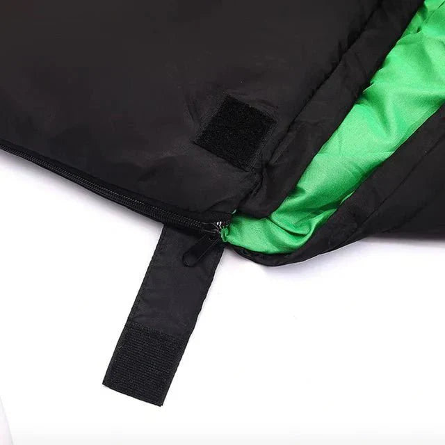 Detail view of extreme cold sleeping bag hood and zip closure system for maximum heat retention