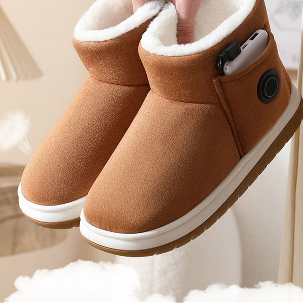 USB heated slippers available in multiple colors including brown, gray, off-white and black