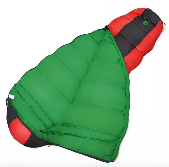 Extreme cold sleeping bag in carry bag with specifications and temperature rating displayed