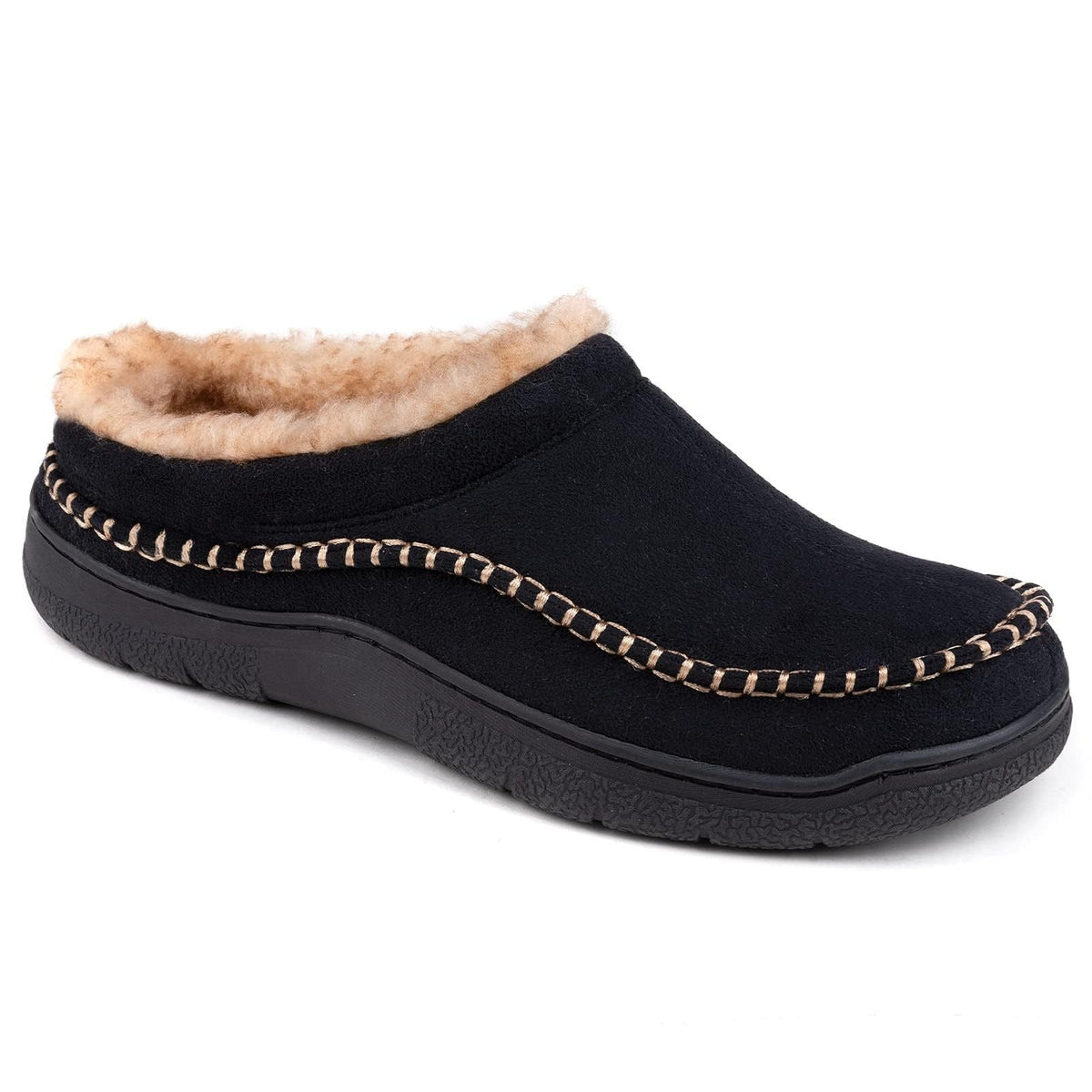 Men's orthopedic slippers in black color on wooden floor.