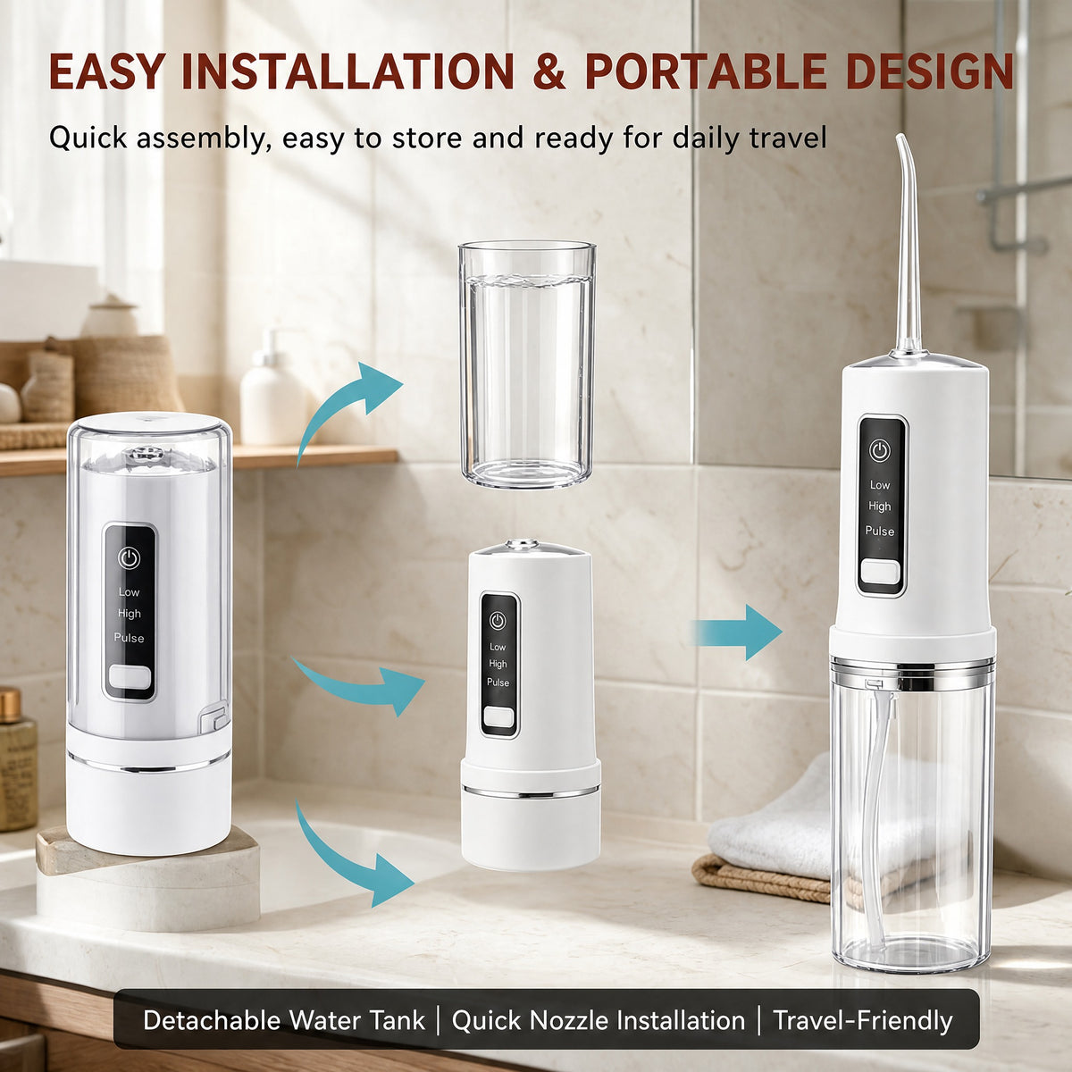 Portable Water Flosser Cordless - Foldable or Collapsible Travel Oral Irrigator, 0.6 mm Jet, Adjusta #k_d