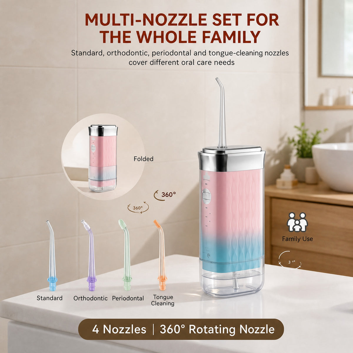 Portable Water Flosser Cordless - Foldable or Collapsible Travel Oral Irrigator, 0.6 mm Jet, Adjusta #k_d