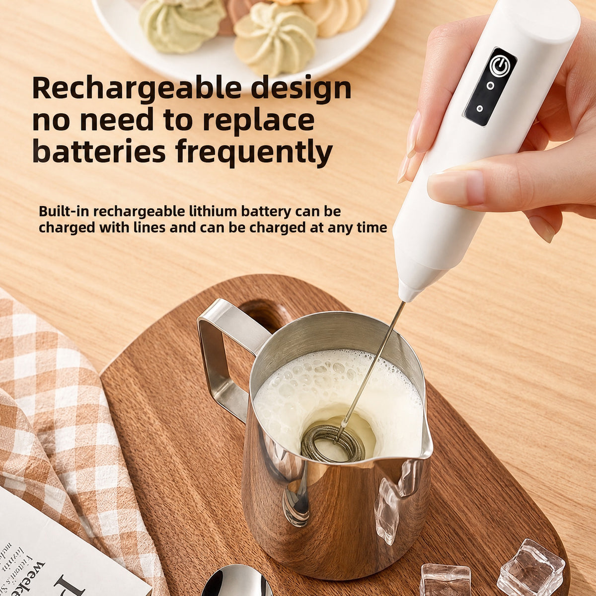 Handheld Milk Frother Rechargeable with USB-C Charging - 3-Speed Electric Coffee Foamer, 400mAh Batt #k_g