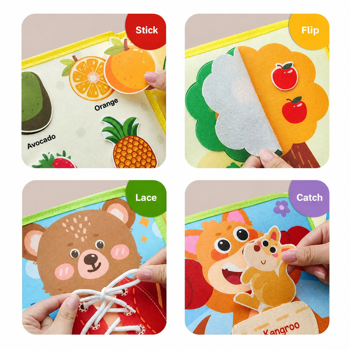 Quiet Book for Toddlers - Felt Busy Book with Farm Animals or Fruits & Vegetables Pages, Lacing, Fla #k_g