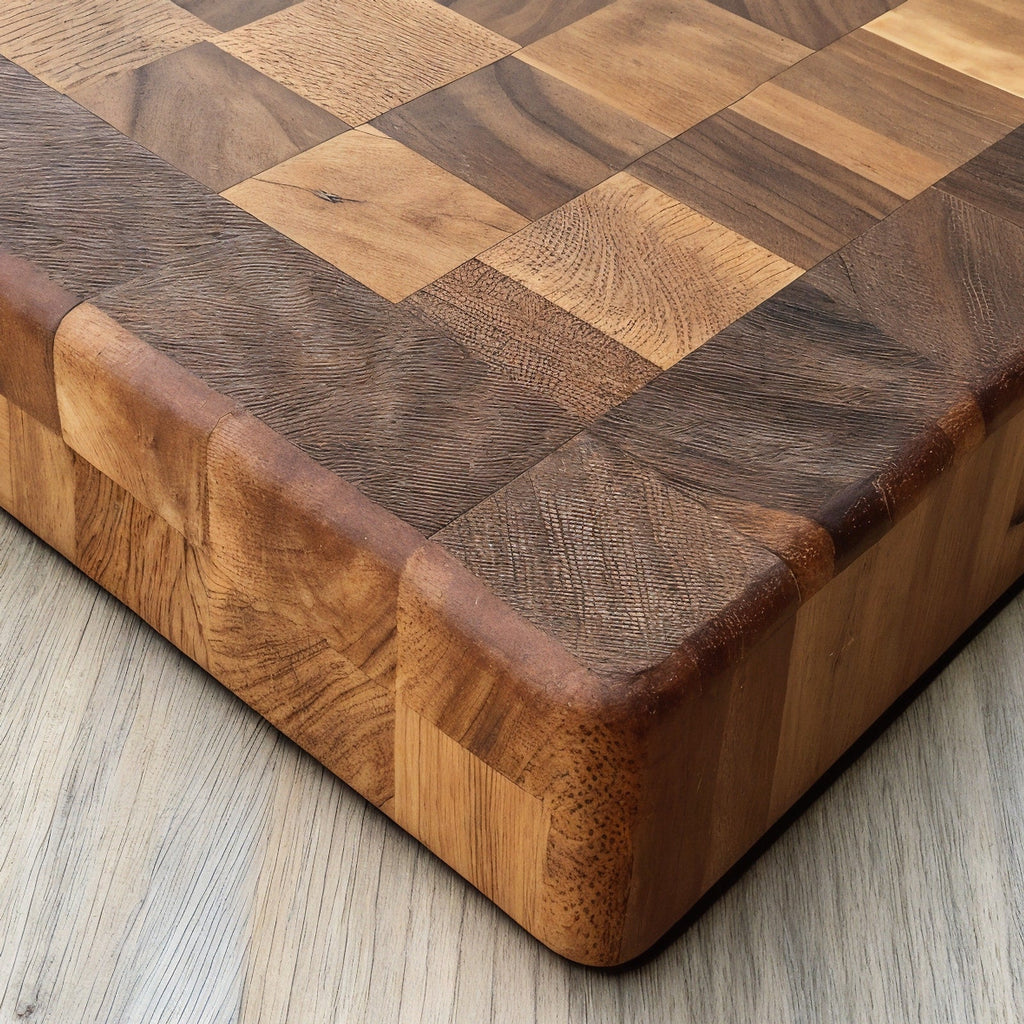 Shopaverly Pecan Classic Butcher Block — close view of front edge showing thickness and rounded edges