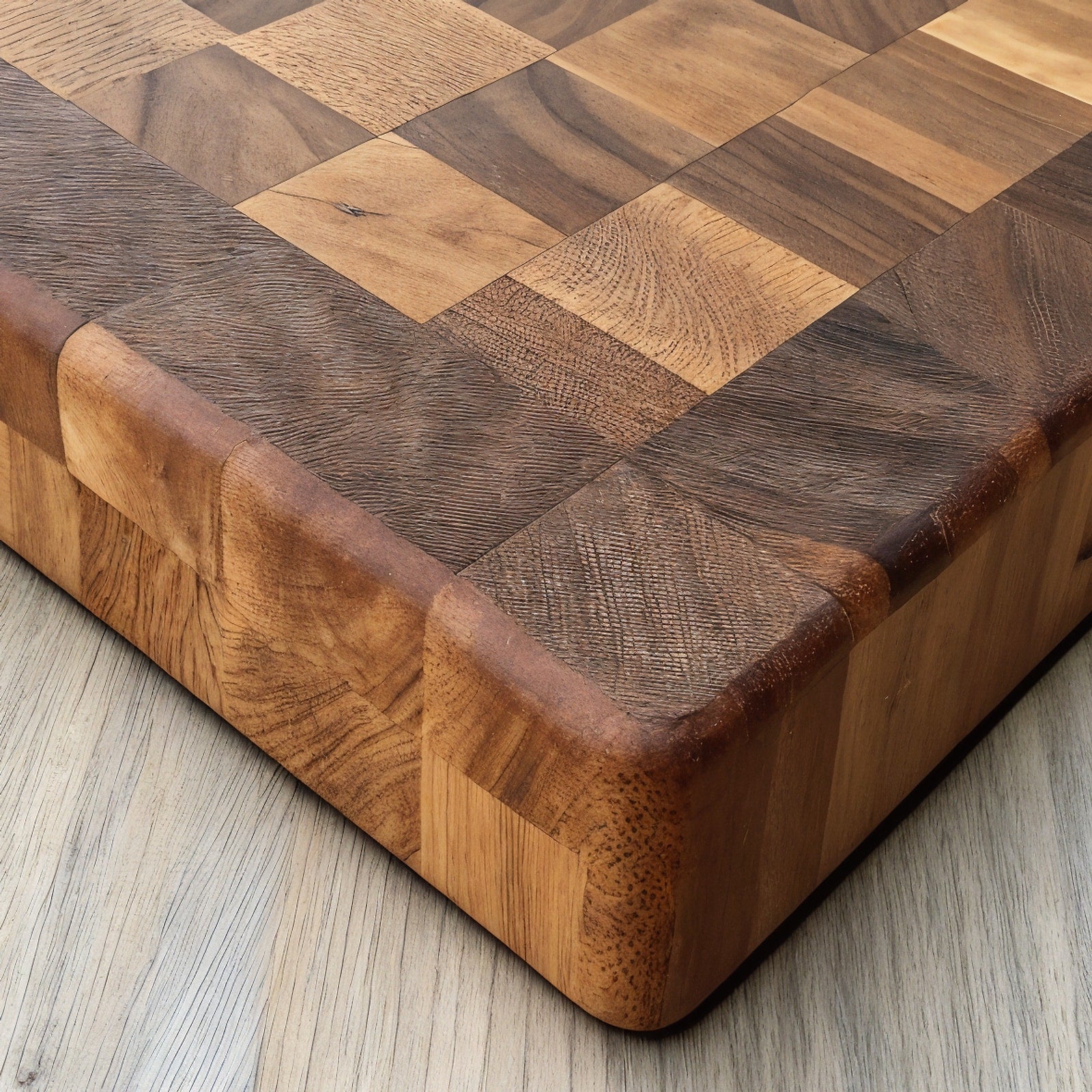 Shopaverly Pecan Classic Butcher Block — close view of front edge showing thickness and rounded edges