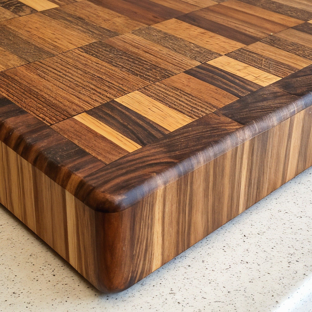 Shopaverly Zebrawood Butcher Block — close view of front edge showing thickness and rounded edges