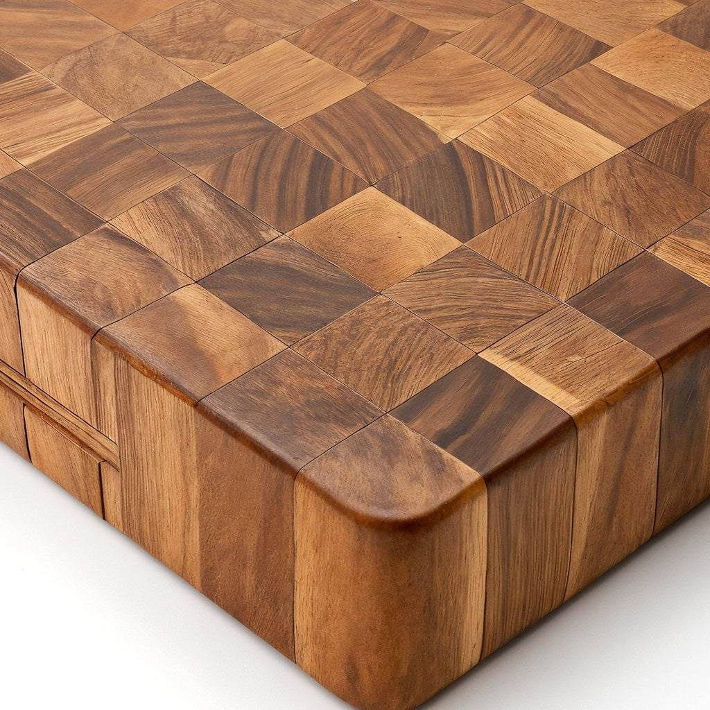 Shopaverly Teak Luxury Butcher Block — close view of the front edge showing thickness and rounded edges