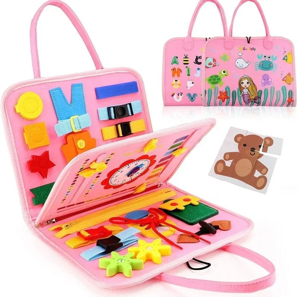 Busy Board for Toddlers - Felt Travel Busy Board with Handles, Zippers, Buckles, Laces, Clock & Puzz #s_S