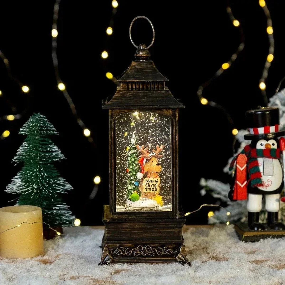 Christmas Lantern Snow Globe - Lighted Snow Globe Lantern with Swirling Glitter, USB or Battery Oper #s_S