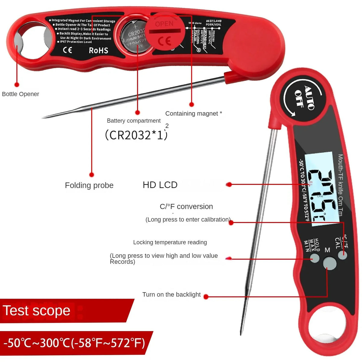 Digital Meat Thermometer with Probe & Kitchen Timer, 3.3 ft Steel Cable, -58 to 572°F, Magnetic Back #s_S