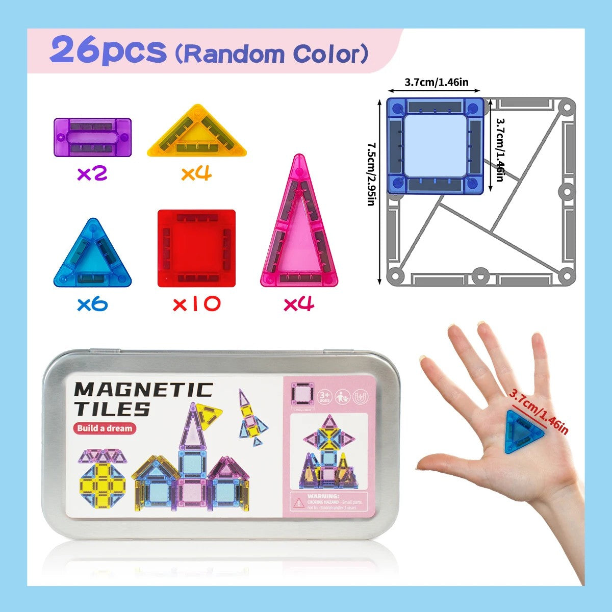 Magnetic Tiles Mini Travel Set in Metal Tin - 26, 40 or 57 Pcs Magnetic Building Blocks with Rounded #s_S