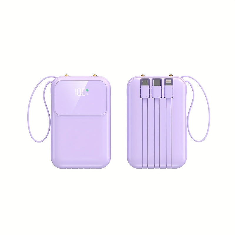 10,000mAh Portable Power Bank with Fast Charging and Built-in Cables – Compact Phone Charger with LED Display